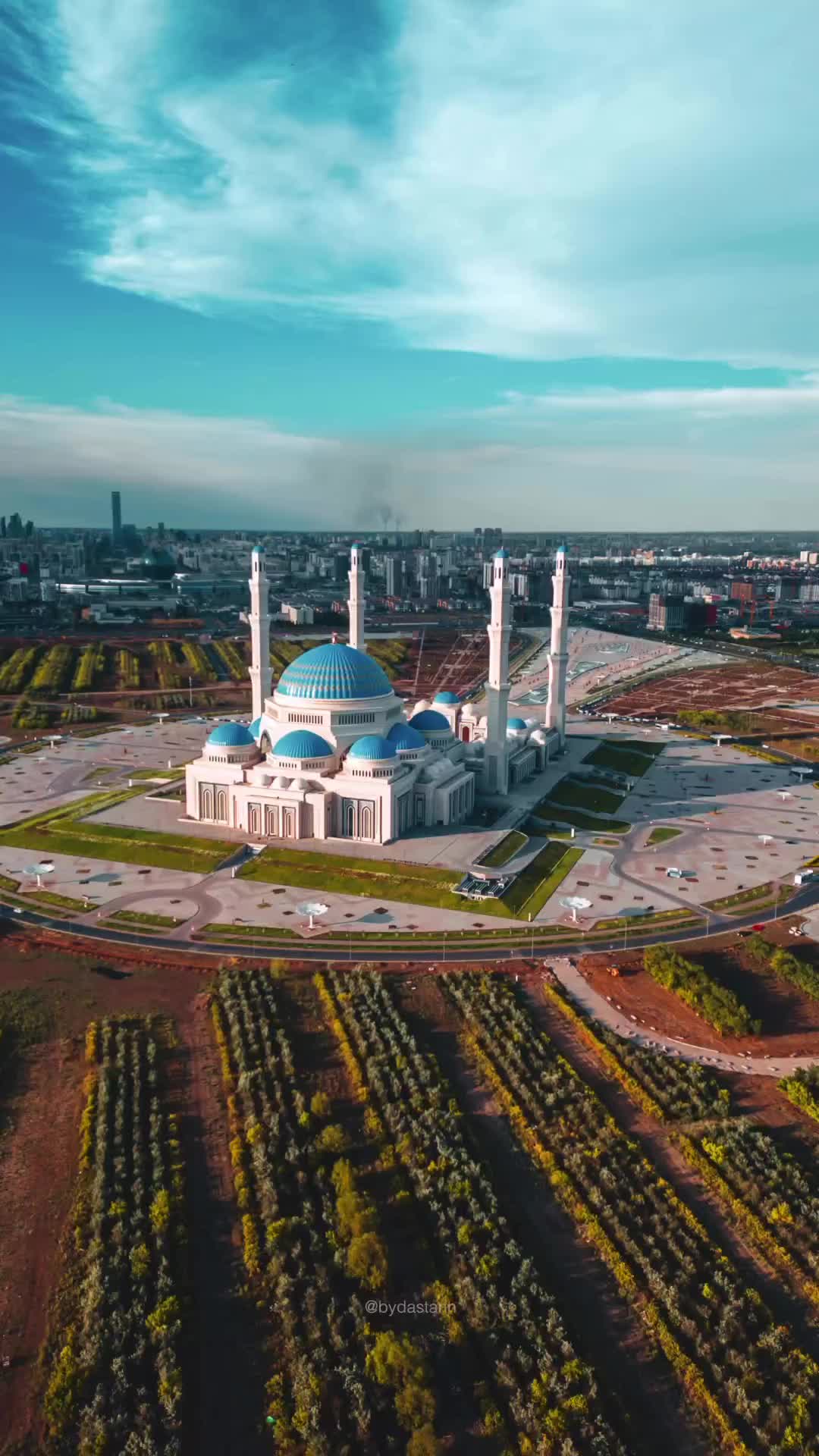 Stunning Aerial View of Astana Grand Mosque at Dusk