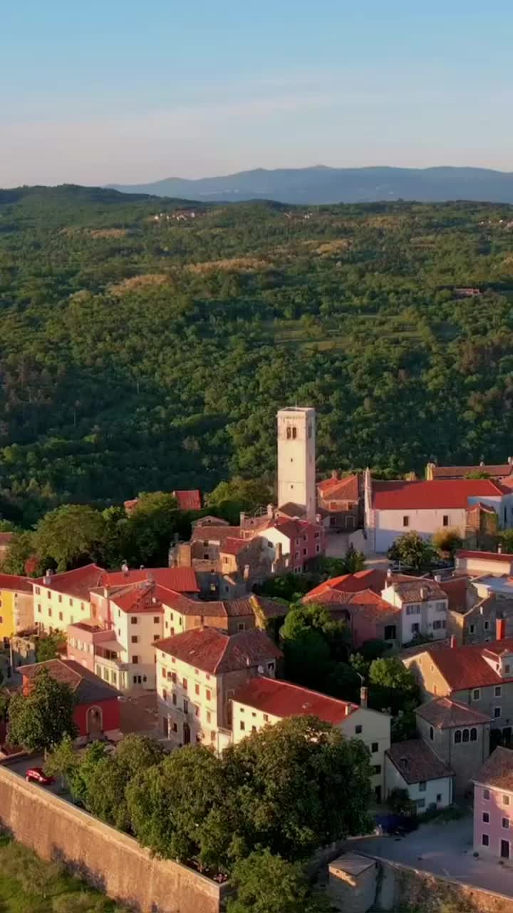 Stunning Sunset Over Oprtalj, Croatia - Aerial View