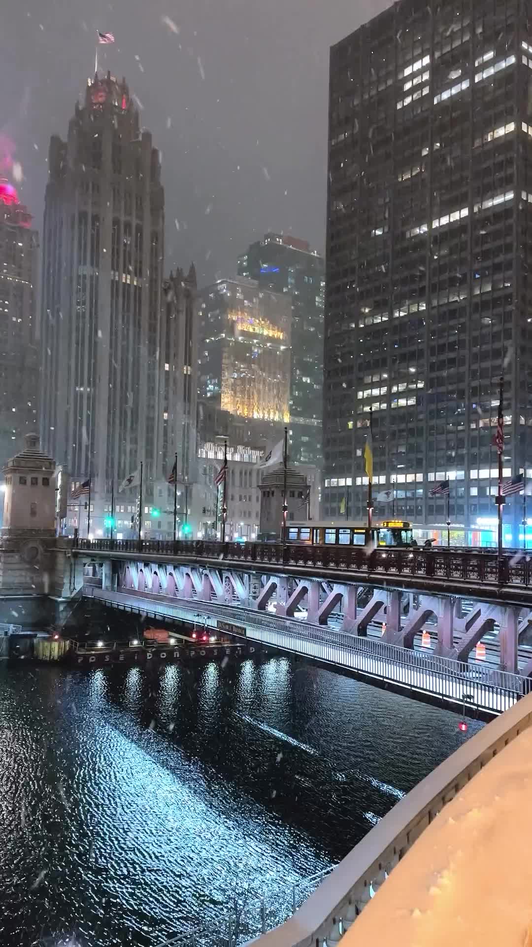 Snowfall Dream: Chicago Riverwalk & DuSable Bridge Views