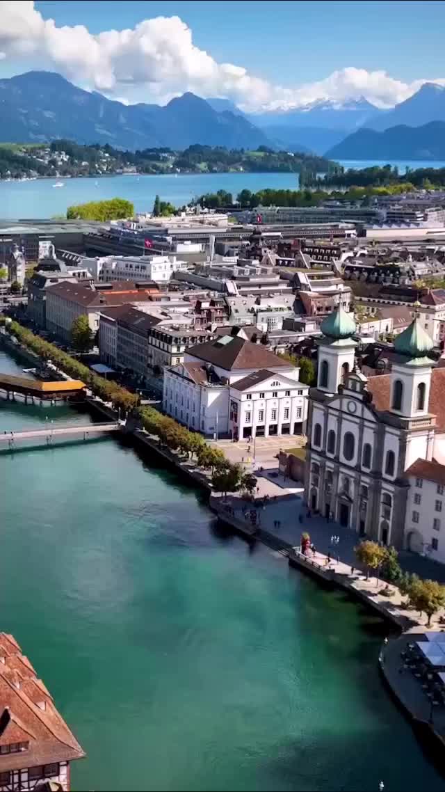 The Chapel Bridge in Lucerne, Switzerland - Aerial Tour
