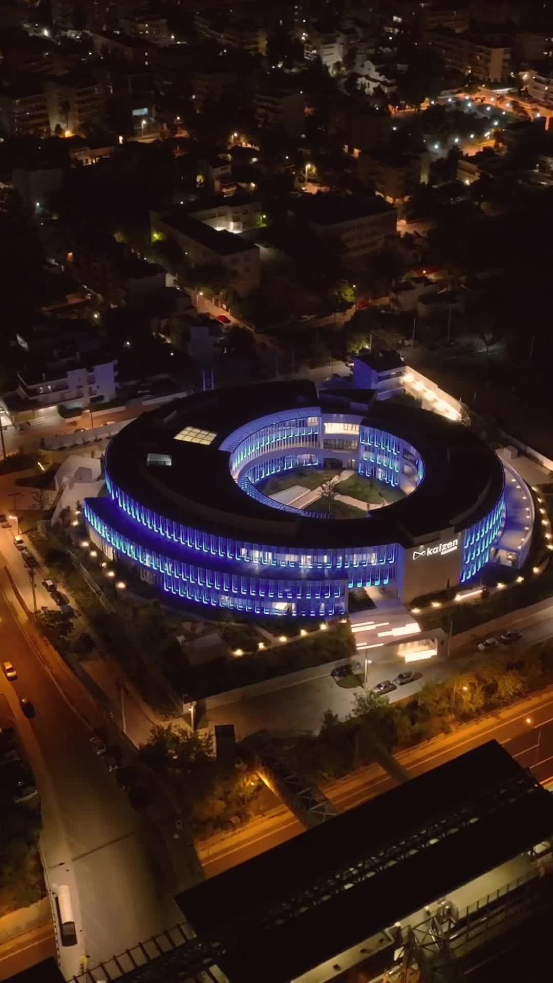 Illuminated Kaizen Campus in Marousi at Night